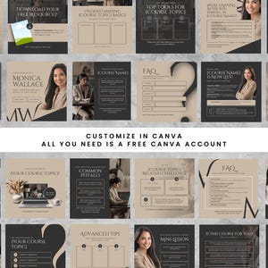 May include: A collection of social media templates in a neutral color palette, featuring text overlays and images. The templates include phrases like "Download Your Free Resource" and "Customize in Canva". The overall theme is related to online courses.