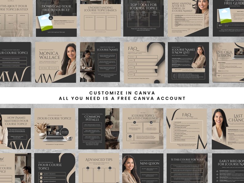 May include: A collection of social media templates in a neutral color palette, featuring text overlays and images. The templates include phrases like "Download Your Free Resource" and "Customize in Canva". The overall theme is related to online courses.
