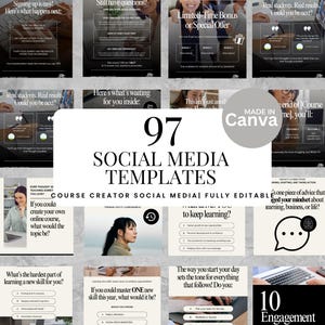 以下が含まれることがあります： コース作成者向けの97個のソーシャルメディアテンプレートのコレクションで、完全に編集可能です。テンプレートは、Canvaのロゴを含む、テキストとグラフィックを備えたさまざまなデザインを特徴としています。全体的なカラースキームは、白と黒のアクセントを備えたニュートラルです。
