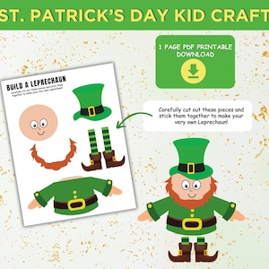Op de afbeelding: Een St. Patrick's Day knutselset voor kinderen met een Build a Leprechaun werkblad. De pagina bevat uitknipbare onderdelen voor een gezicht, een groene hoed, een oranje baard, een groen shirt en gestreepte benen met bruine schoenen.