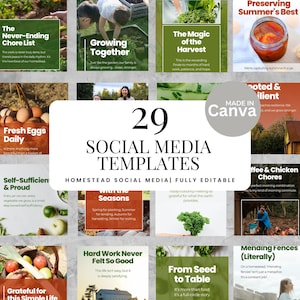 Op de afbeelding: Een verzameling van 29 social media templates met een thema van een boerderij. De templates bevatten afbeeldingen van verse eieren, tuinieren en het bewaren van voedsel. Tekst bevat "Fresh Eggs Daily" en "Growing Together."