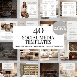 Può includere: Una raccolta di 40 modelli di social media per l'interior design, completamente modificabili in Canva. L'immagine mostra vari layout di design con testo e grafica, ideali per Instagram. I modelli utilizzano toni neutri e un'estetica moderna.