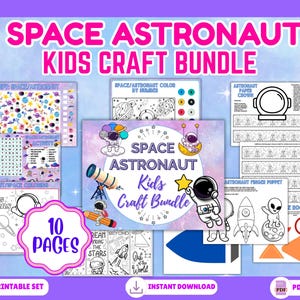 Op de afbeelding: Een digitale ruimtevaart-astronaut knutselbundel voor kinderen met 10 pagina's aan printbare activiteiten, waaronder kleurplaten, een papieren kroon, vingerpoppetjes en een raketknutselwerkje. De pagina's tonen illustraties van astronauten.