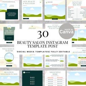 Op de afbeelding: Een verzameling van 30 Instagram-sjabloonposts voor een schoonheidssalon, volledig bewerkbaar. De sjablonen hebben een strak ontwerp met pastelkleuren, landschapsafbeeldingen en tekstelementen. De tekst bevat "Beauty Salon Instagram Template Post".