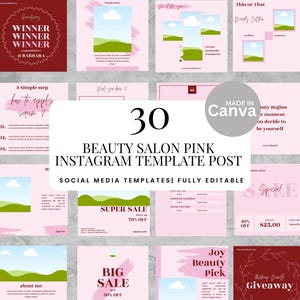 Op de afbeelding: Een verzameling van 30 roze Instagram-sjabloonposts voor een schoonheidssalon. De sjablonen bevatten verschillende ontwerpen met tekst, afbeeldingen en ruimte voor afbeeldingen, met de tekst "BEAUTY SALON PINK INSTAGRAM TEMPLATE POST".