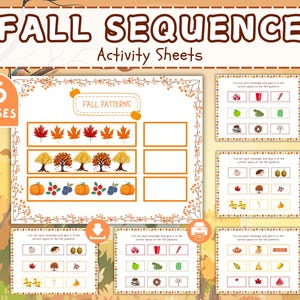 May include: A set of 16 printable activity sheets titled FALL SEQUENCE Activity Sheets. The pages feature fall-themed patterns with illustrations of red leaves, autumn trees, pumpkins, and berries, along with cut-out rectangles for sequencing.