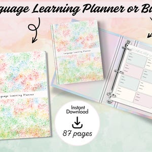 May include: A language learning planner and binder set featuring a colourful speckled pattern. The items include a spiral-bound notebook, a softcover book, and an open three-ring binder displaying a vocabulary worksheet with 87 pages total.