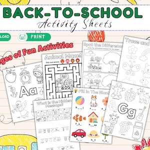 Op de afbeelding: Een verzameling van 32 back-to-school activiteitenbladen met zwart-wit lijntekeningen om in te kleuren, doolhoven, zoek de verschillen en invuloefeningen. De pagina's bevatten illustraties van dieren, letters en diverse objecten.