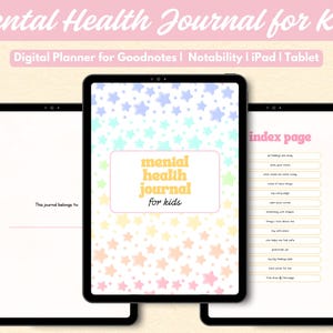 Op de afbeelding: Een digitaal dagboek voor mentale gezondheid voor kinderen op drie tablets. De omslag heeft een pastelkleurig sterrenpatroon met de tekst "mental health journal for kids". Andere pagina's bevatten een "This journal belongs to" regel.