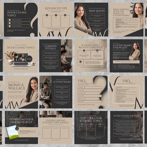 May include: A collection of social media graphics with a neutral color palette, featuring text and images. The graphics promote an online course, with topics like advanced tips, mini-lessons, and FAQs. The design includes a woman in a blazer.