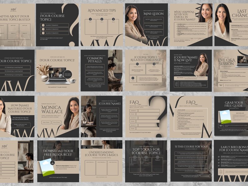 May include: A collection of social media graphics with a neutral color palette, featuring text and images. The graphics promote an online course, with topics like advanced tips, mini-lessons, and FAQs. The design includes a woman in a blazer.