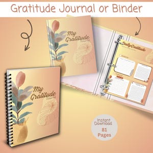 Op de afbeelding: Een dankbaarheidsdagboek en ordner met een zachte perzik- en crèmekleurige gradiëntachtergrond en aquarelplantillustraties. De omslagen tonen de tekst My Gratitude Journal, terwijl de open ordnerpagina's Daily Gratitude-prompts weergeven.