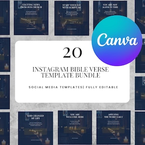May include: A digital bundle of 20 Instagram Bible verse templates featuring dark, moody backgrounds with candlelit church interiors. The central white graphic displays the text 20 INSTAGRAM BIBLE VERSE TEMPLATE BUNDLE SOCIAL MEDIA TEMPLATES FULLY EDITABLE and a Canva logo.
