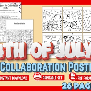4th of July Collaboration Poster Printable Coloring Activity Classroom Bulletin Board Independence Day
