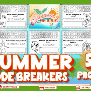 Op de afbeelding: Een set van vijf printbare zomerse codekraker-activiteitspagina's met zwart-witte lijntekeningen van surfplanken, schelpen, zandkastelen, dolfijnen en ijsjes, met een centrale titelkaart met de tekst Summer Code Breakers.