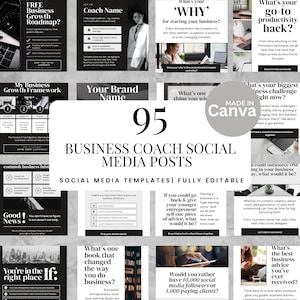 Op de afbeelding: Een verzameling van 95 sjablonen voor social media-berichten voor business coaches. De sjablonen zijn volledig bewerkbaar en hebben een zwart-wit ontwerp. De afbeelding bevat tekst zoals "Business Growth Roadmap?" en "Made in Canva."