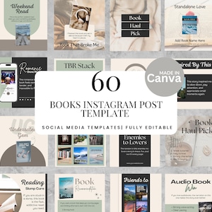 Op de afbeelding: Een verzameling van 60 Instagram post templates voor boeken, met een neutraal kleurenpalet. De templates bevatten diverse ontwerpen voor boekaanbevelingen, citaten en boekgerelateerde content. De tekst "60 BOOKS INSTAGRAM POST TEMPLATE" is zichtbaar.