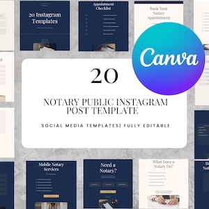 Op de afbeelding: Een verzameling van 20 Notaris Public Instagram Post Sjablonen, volledig bewerkbaar, met een Canva logo. De sjablonen hebben een marineblauwe en crèmekleurige kleurstelling, met diverse lay-outs.