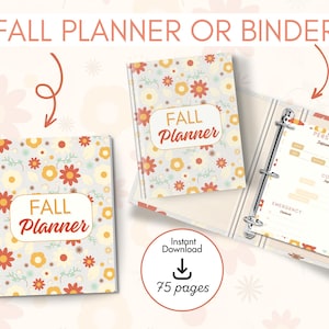 Op de afbeelding: Een spiraalgebonden planner en een ringband met drie ringen, voorzien van een lichtgrijze kaft met een herhalend patroon van rode, oranje en gele bloemen. Beide items tonen de tekst FALL Planner. De open ringband toont een binnenpagina met secties voor persoonlijke informatie, contactgegevens en noodcontacten.