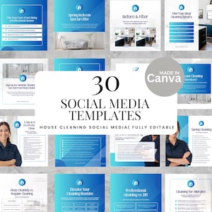 Op de afbeelding: Een verzameling van 30 social media templates voor schoonmaakdiensten. De templates hebben een blauw-wit kleurenschema met verschillende lay-outs voor promoties en informatieve berichten. "Made in Canva" is ook zichtbaar.