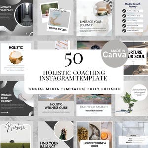 Può includere: Una collezione di 50 modelli Instagram per coaching olistico. I modelli presentano vari design con testo come "Empower Your Path", "Soulful Success" e "Embrace Your Journey". I modelli sono completamente modificabili e realizzati in Canva.