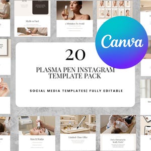 Op de afbeelding: Een verzameling van 20 social media sjablonen voor een plasmapen, met diverse afbeeldingen van huidverzorgingsbehandelingen, tekstoverlays zoals '20 PLASMA PEN INSTAGRAM TEMPLATE PACK' en een blauw rond Canva-logo op een lichtgrijze, getextureerde achtergrond.