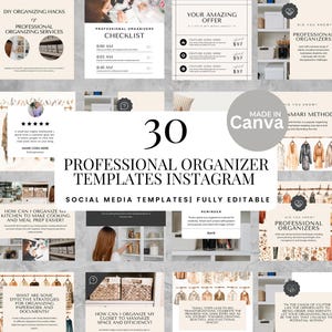 Op de afbeelding: Een verzameling van 30 Instagram-sjablonen voor professionele organisatoren. De sjablonen zijn volledig bewerkbaar en hebben een neutraal kleurenpalet met tekst als "Professional Organizer Templates Instagram" en "Made in Canva".