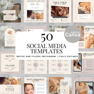 Op de afbeelding: Een verzameling van 50 sociale mediatemplates voor Instagram, volledig bewerkbaar, met een neutraal kleurenpalet. De sjablonen gaan over Botox en fillers en bevatten tekst en afbeeldingen.