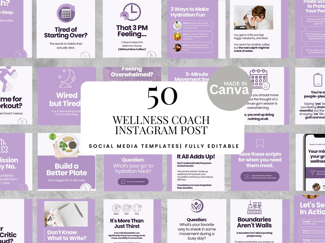 50 Wellness Coach Instagram Post Templates Editable Canva Social Media ...
