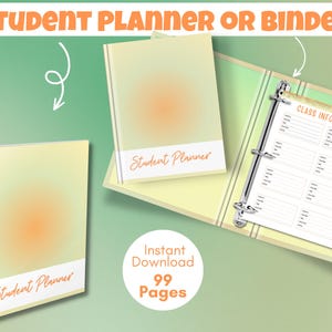 Op de afbeelding: Een set met een studentenplanner en ordner in een zacht geel en oranje kleurverloop. De spiraalgebonden planner en de ringband tonen beide de tekst Student Planner. Een open pagina in de ordner toont een Class Information formulier met 99 pagina's.