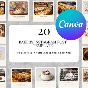 Op de afbeelding: Een digitale collectie van 20 Instagram-posttemplates voor bakkerijen met diverse foodfotografie van taarten, gebak en brood. De centrale tekst luidt 20 BAKERY INSTAGRAM POST TEMPLATE en SOCIAL MEDIA TEMPLATES FULLY EDITABLE.