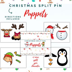 Op de afbeelding: Een set kerst splitpen poppen met illustraties van een rendier, sneeuwpop, elf en pinguïn met losse ledematen en hoofden. De tekst luidt CHRISTMAS SPLIT PIN Puppets, DIRECTIONS INCLUDED en +7 more split spin character.