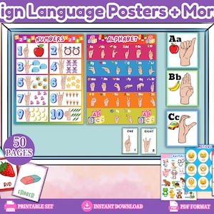 ASL Sign Language Posters Classroom Decor Flash Cards Alphabet Numbers Emotions Printable Bundle PDF