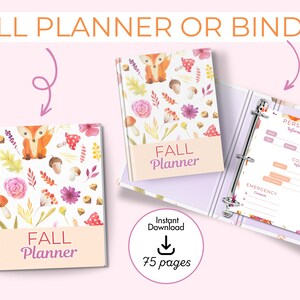 Op de afbeelding: Een spiraalplanner en een ringband met een witte kaft met een aquarelpatroon van vossen, paddenstoelen, eikels en bloemen. De tekst FALL Planner staat op de voorkant. Een open map toont een pagina met persoonlijke informatie.