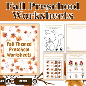 Op de afbeelding: Een set herfstwerkbladen voor kleuters, inclusief een voorpagina met oranje en bruine herfstbladeren en vier werkbladen met illustraties voor activiteiten zoals een eekhoorn bouwen en het vergelijken van groottes.