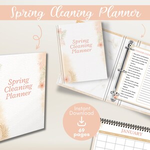 Op de afbeelding: Een voorjaarsschoonmaakplanner met een spiraalband, een bijpassend boekje en een open ringband met een checklist voor buiten. De pagina's zijn voorzien van zacht perzikkleurige bloemaccenten en de tekst Spring Cleaning Planner.