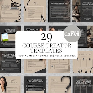 May include: A collection of 29 social media templates for course creators. The templates feature a neutral color palette with black, beige, and white elements. The design includes text and image placeholders for easy customization.