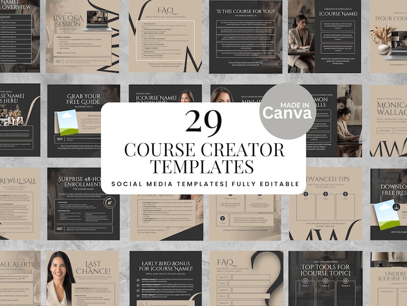 May include: A collection of 29 social media templates for course creators. The templates feature a neutral color palette with black, beige, and white elements. The design includes text and image placeholders for easy customization.