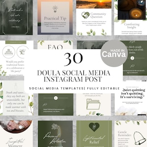 Op de afbeelding: Een verzameling van 30 Doula social media Instagram post templates, volledig bewerkbaar. De templates bevatten verschillende ontwerpen met tekst en afbeeldingen, waaronder citaten, tips en community vragen. Het ontwerp gebruikt een groen-wit kleurenschema.