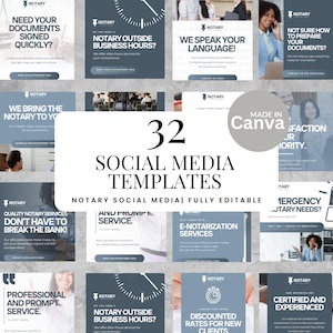 Op de afbeelding: Een verzameling van 32 social media templates voor notarisservices. De templates hebben een consistent ontwerp met een blauw en wit kleurenschema en bevatten verschillende serviceaanbiedingen.
