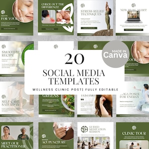 Op de afbeelding: Een verzameling van 20 social media templates voor een wellness kliniek, met een groen en wit kleurenschema. De templates bevatten onderwerpen als huidverzorging, stressverlichting, smoothie recepten en yoga poses. Tekst bevat "Made in Canva".