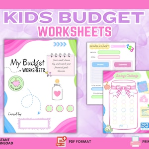 Op de afbeelding: Budgetwerkbladen voor kinderen in PDF-formaat met kleurrijke ontwerpen met roze, blauwe en groene accenten. De pagina's bevatten secties voor maandbudgetten, spaaruitdagingen met een pot-afbeelding en de tekst My Budget Worksheets.