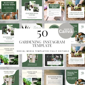 Op de afbeelding: Een verzameling van 50 volledig bewerkbare Instagram-sjablonen voor tuinieren. De sjablonen bevatten afbeeldingen van planten, tuingereedschap en tekstoverlays. Het kleurenschema is voornamelijk groen en wit, met enkele beige accenten.