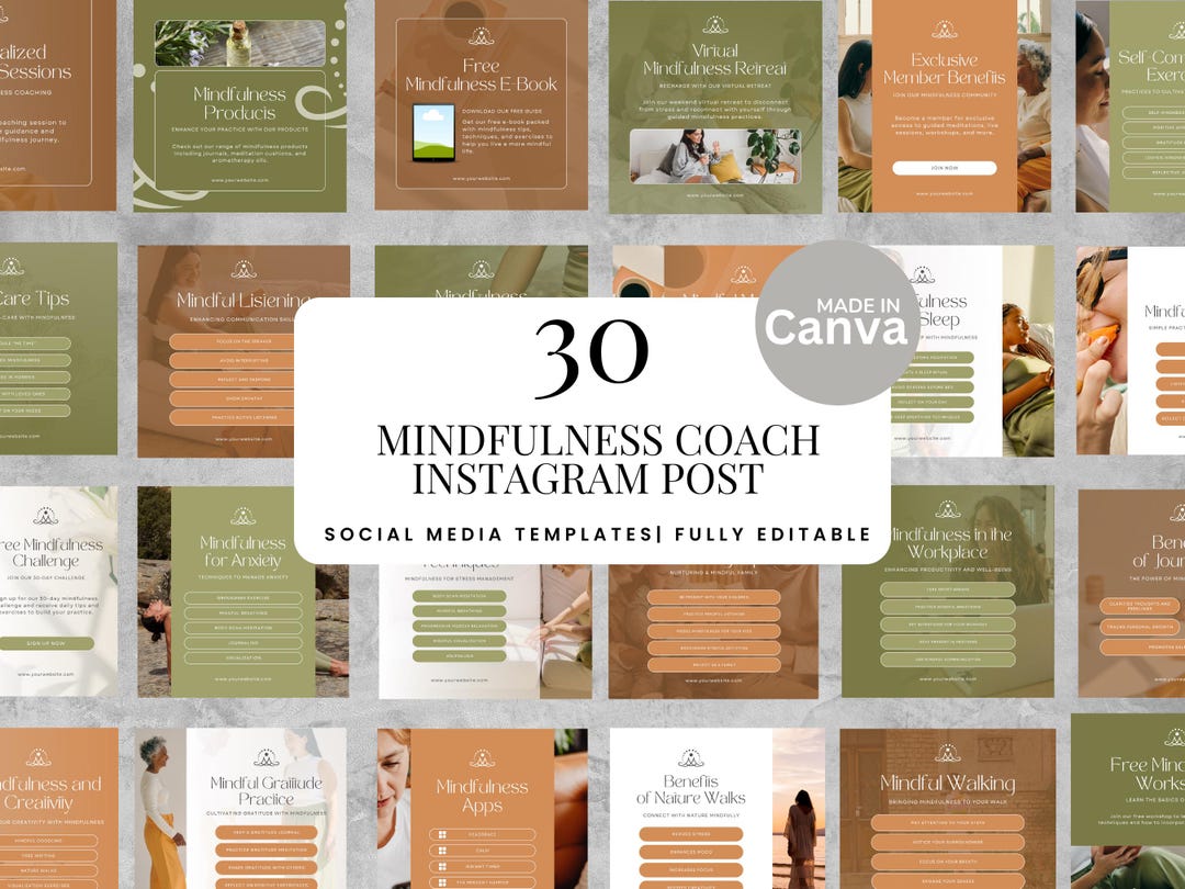 30 Mindfulness Coach Instagram Post Templates Canva Editable Social ...