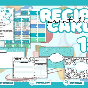 Op de afbeelding: Een 12-delige printbare receptenkaartenset met blauwgroene en witte ontwerpen. Bevat instructiebladen, categoriedividers en lege receptsjablonen met secties voor ingrediënten, bereidingswijze, bereidingstijd en porties in digitaal formaat.
