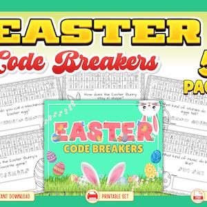 Op de afbeelding: Een set van vijf printbare Easter Code Breakers activiteitenpagina's met zwart-wit werkbladen, symboolcodes en vragen. De centrale afbeelding is turquoise met roze tekst EASTER CODE BREAKERS en afbeeldingen van konijnenoren.