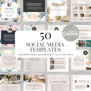 Op de afbeelding: Een verzameling van 50 social media templates voor Instagram posts. De templates hebben een neutraal kleurenpalet en minimalistische designelementen. De tekst bevat "Made in Canva" en "Designer Post Instagram | Fully Editable".
