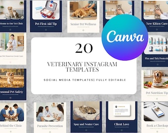May include: A set of 20 veterinary Instagram templates, fully editable, with themes such as pet care, nutrition, and clinic services. The templates feature images of pets and veterinary professionals. The Canva logo is visible.