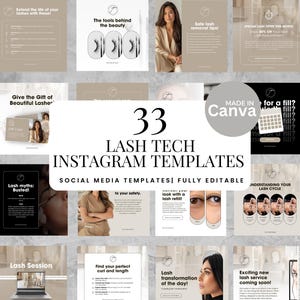 Op de afbeelding: Een verzameling van 33 Lash Tech Instagram-sjablonen, volledig bewerkbaar. De sjablonen bevatten ontwerpen met tekst en afbeeldingen met betrekking tot wimperextensions, wimperverzorging en schoonheidsdiensten. Gemaakt met Canva.
