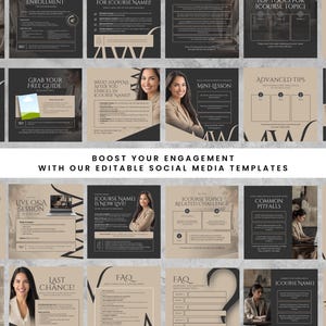 May include: A collection of social media templates with a neutral color palette. The templates feature text and images, including the phrases "Enrollment," "Free Guide," and "Advanced Tips." The overall theme is designed to boost engagement.